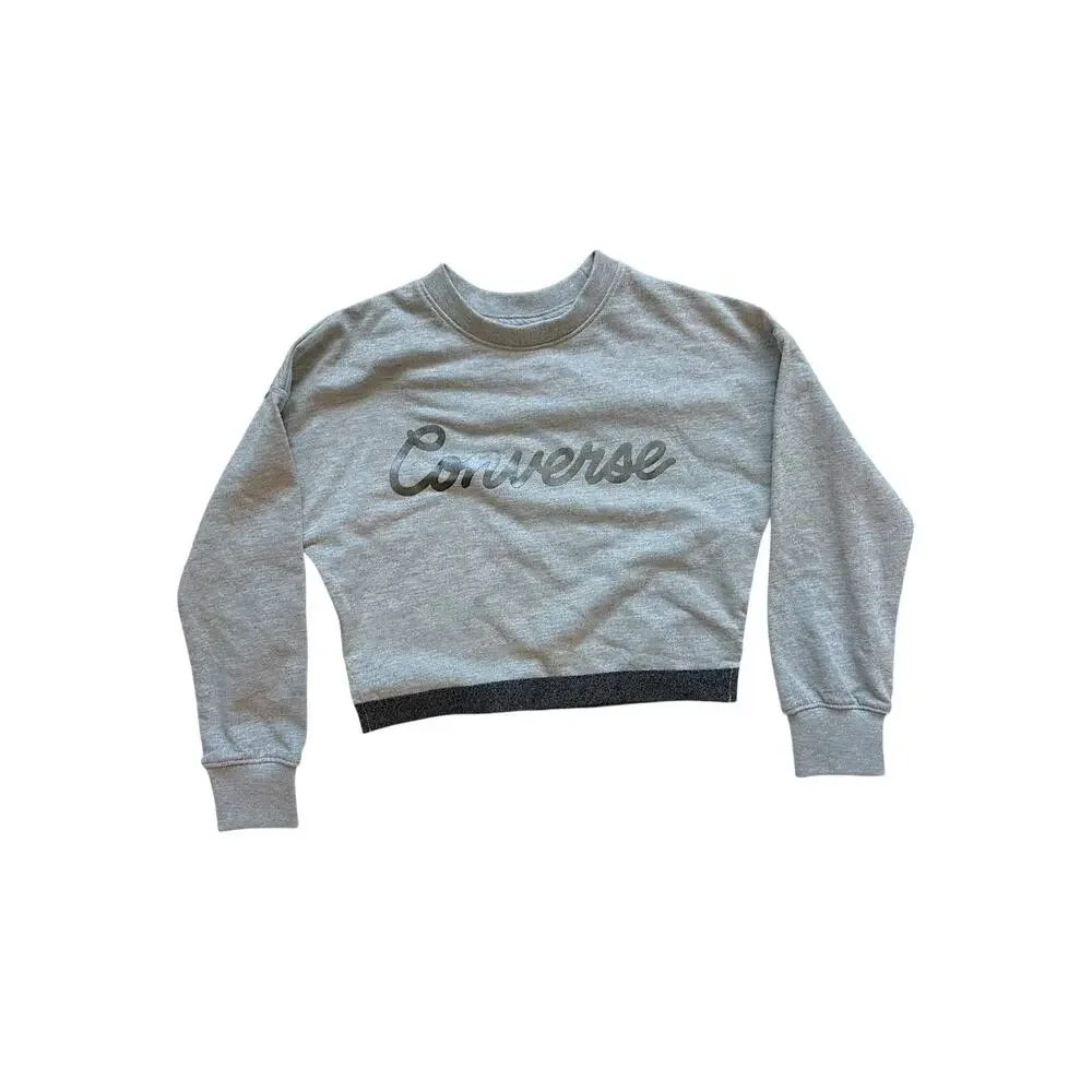 Converse Girls Size 4 Cropped Crewneck Sweatshirt Gray Metallic Silver Logo NWT